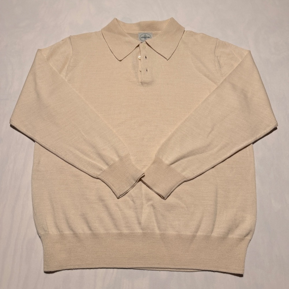 Linea Uomo Knit Polo Sweater Mens L Cream Long Sleeve Button Collar Vintage
